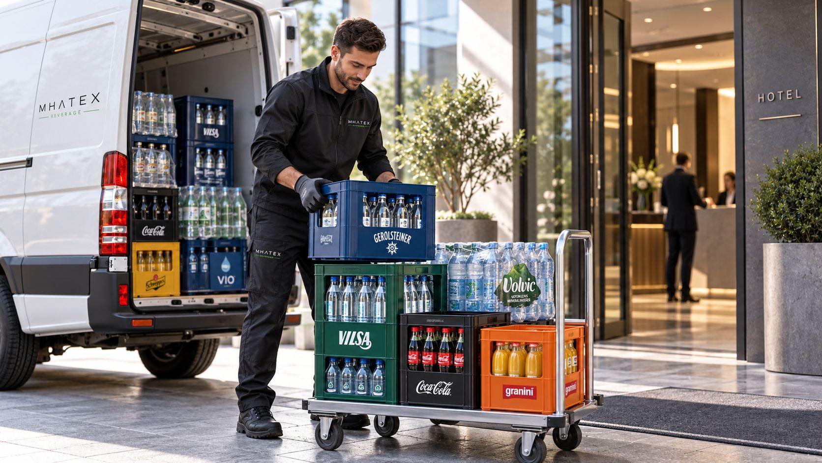 MHATEX Beverage Fahrer liefert Getränkekisten an ein Hotel in Wiesbaden